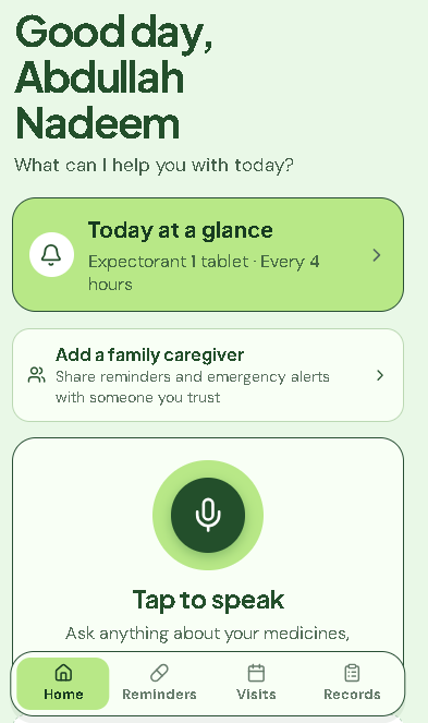Sehat Saathi patient home screen with today's reminder and family caregiver card