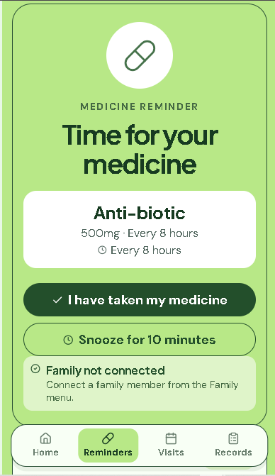 Sehat Saathi medication reminder screen with taken and snooze actions